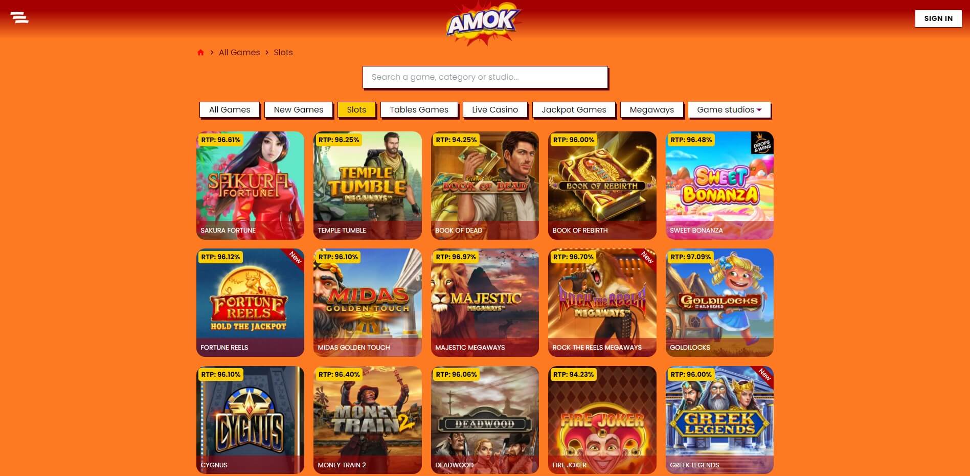 Games at Amok Casino