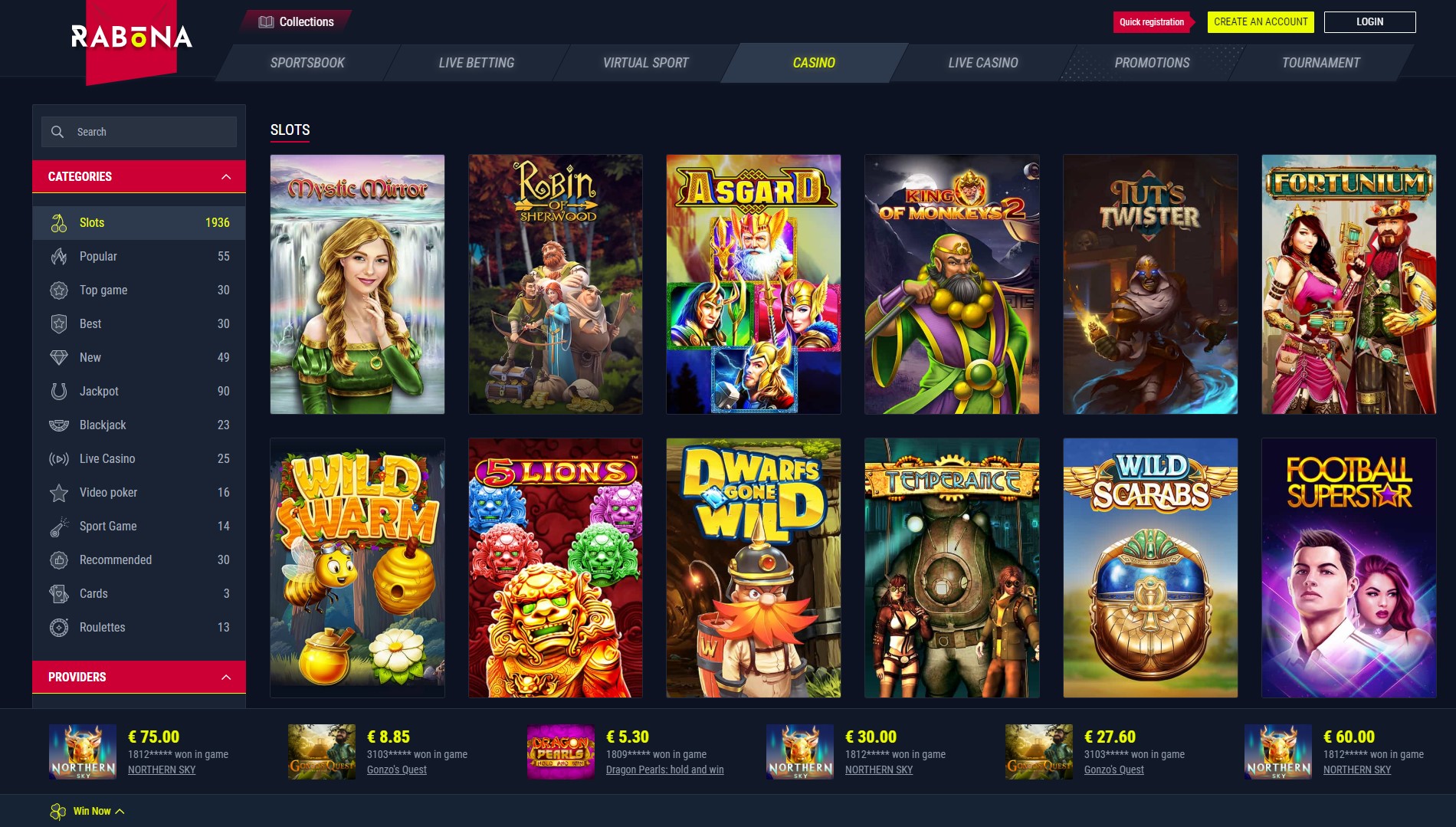 Rabona Casino-games selection