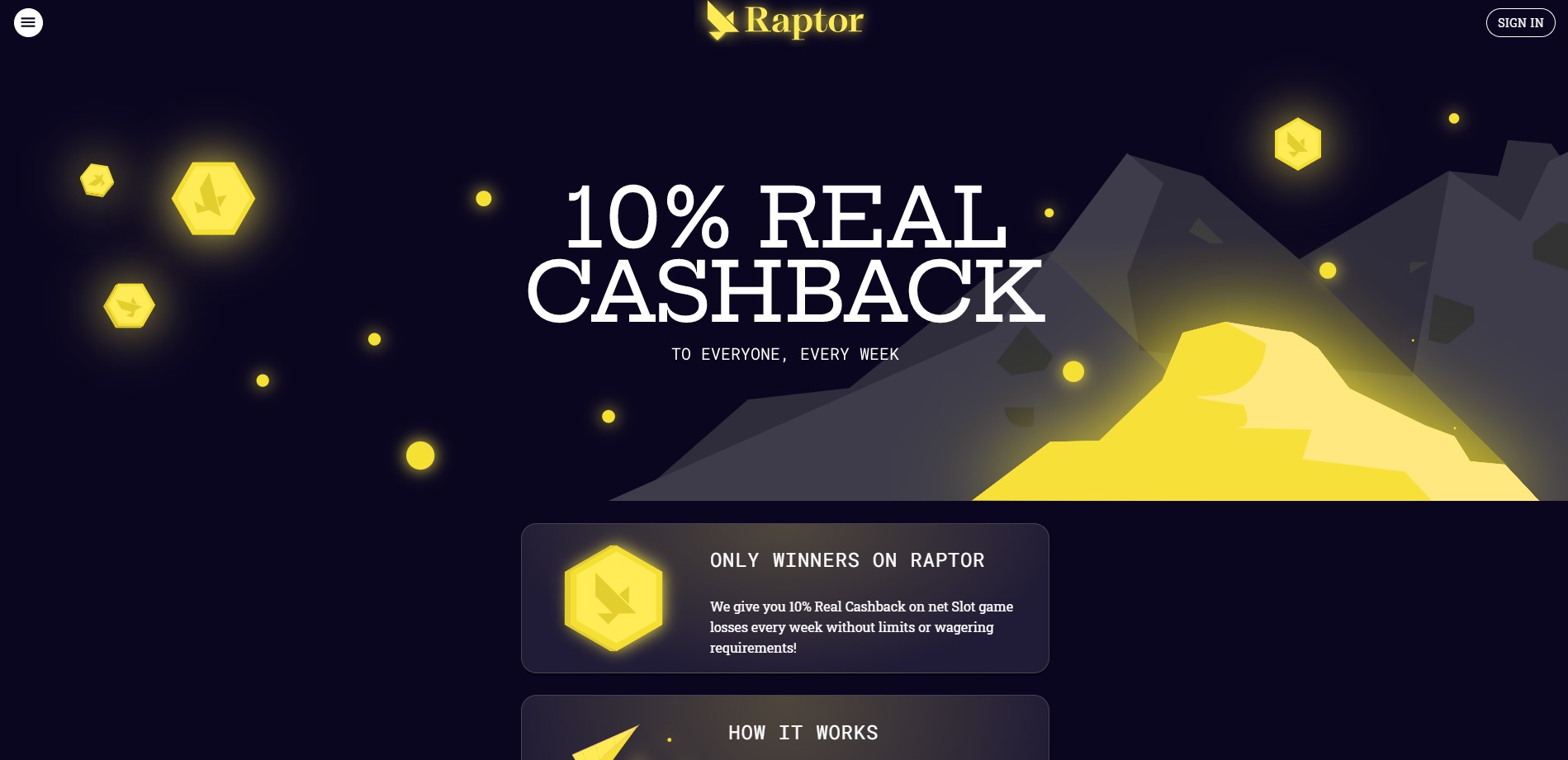 Raptor Casino Every Week 10% Cashback for Everyone